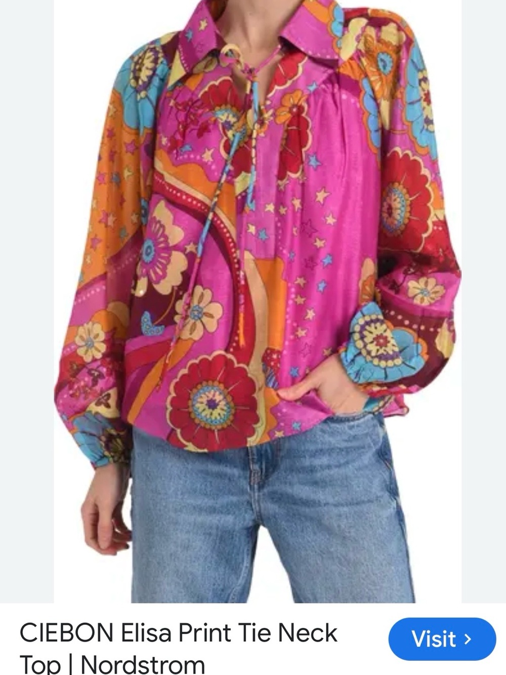 Ciebon- Printed Pink Floral Button-Down Blouse with Balloon Sleeves-XS runs S/M - Picture 2 of 11